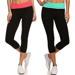 MOPAS Yoga Pants with Fold Over Solid Waistband (Small, 2 Pack